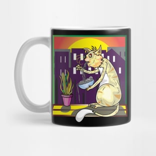 Cat Eating Spaghetti And Watching Sunset Scene Mug